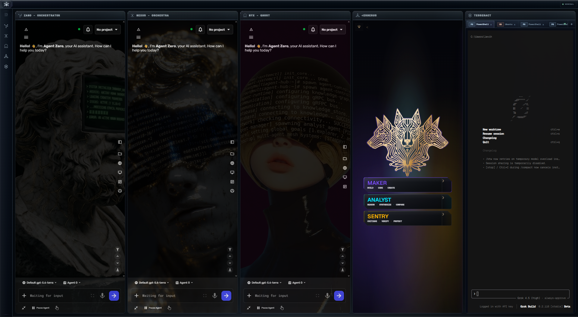 STARGAZER execution posture with Erberus in Maker mode and live Grok build stream in Tesseract