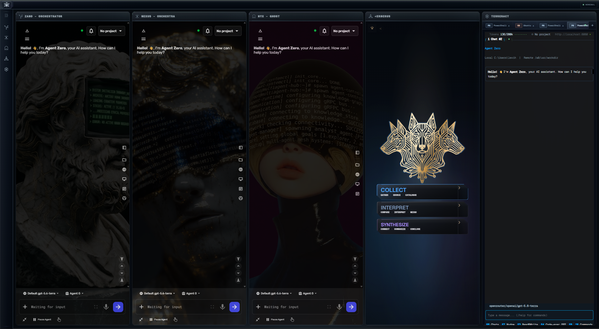 STARGAZER research posture with Erberus in Researcher mode and Agent Zero in Tesseract