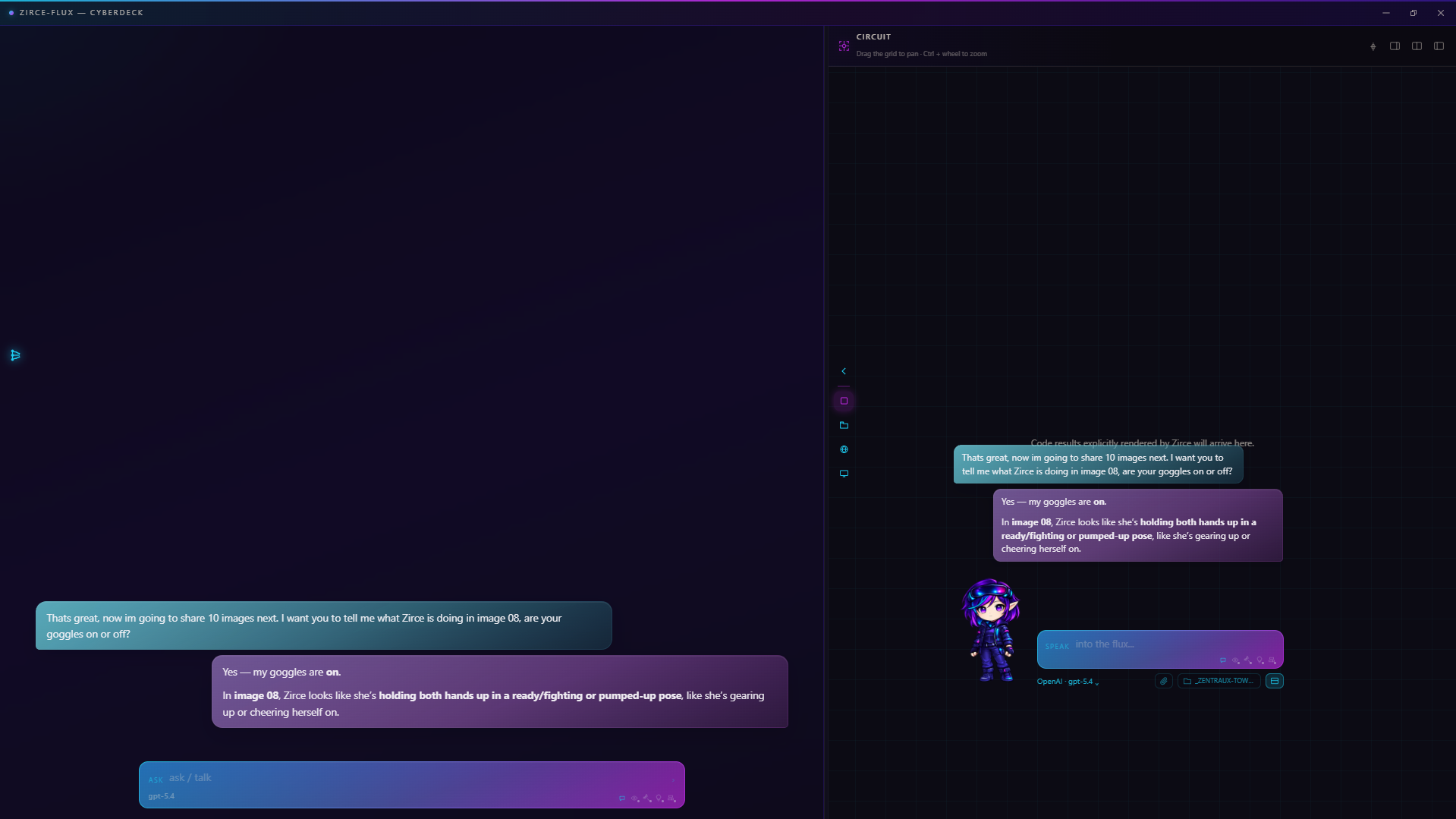 Chat in the Cyberdeck with Circuit canvas and Zirce in the well.